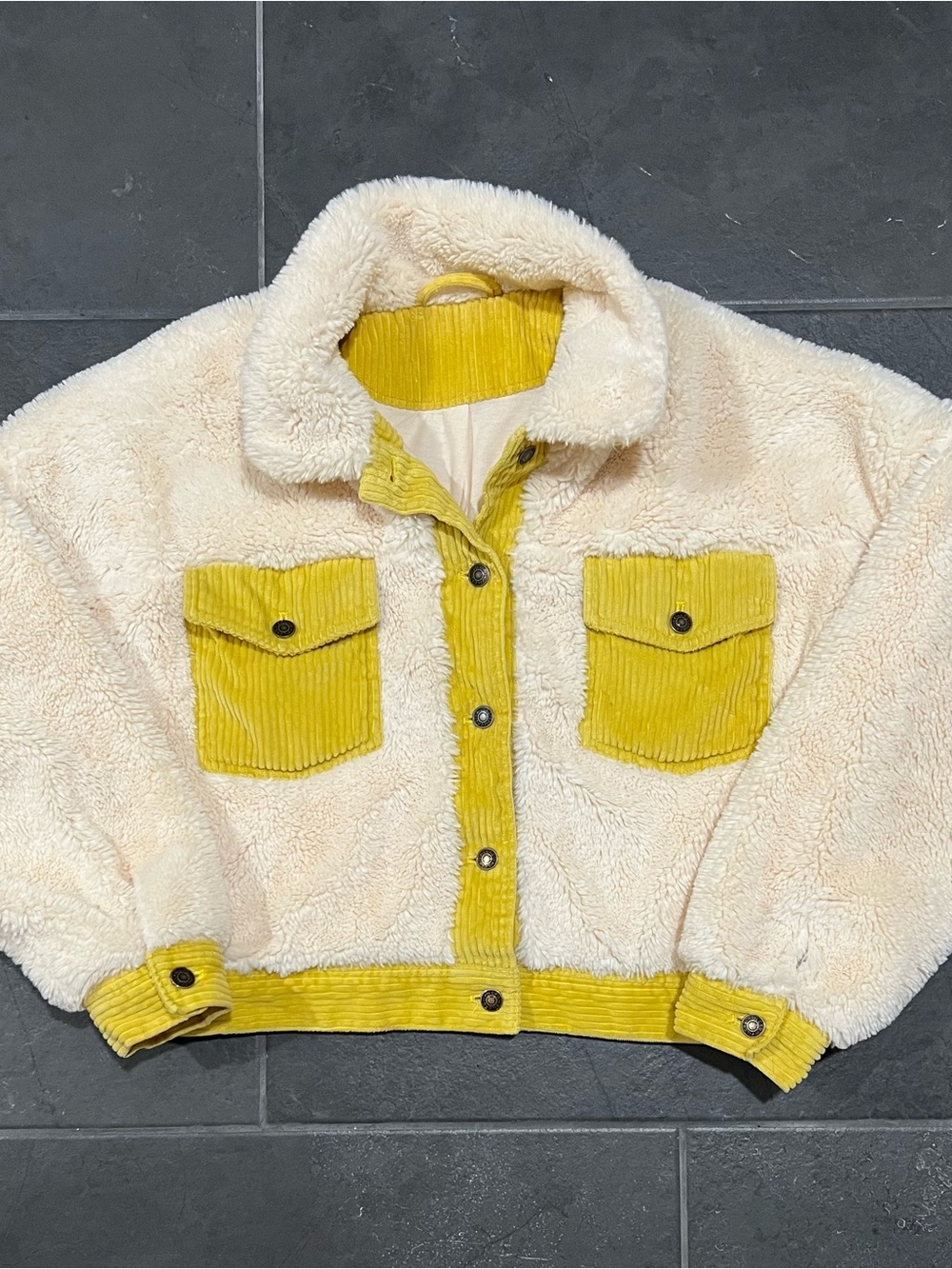 Pilcro Anthropologie Cream Sherpa Fur with Chartreuse Corduroy Jacket Med